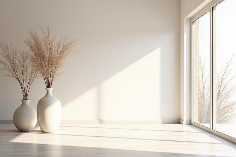 Interno di un centro yoga con grandi vetrate e vasi in ceramica posti ai lati, creando un ambiente arioso e armonioso
