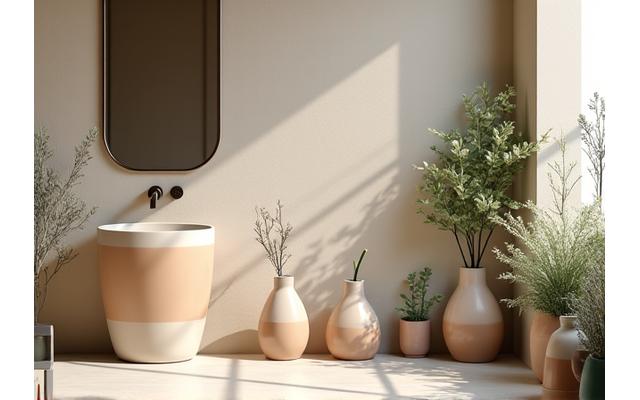 Ceramiche artigianali per un bagno spa con toni naturali